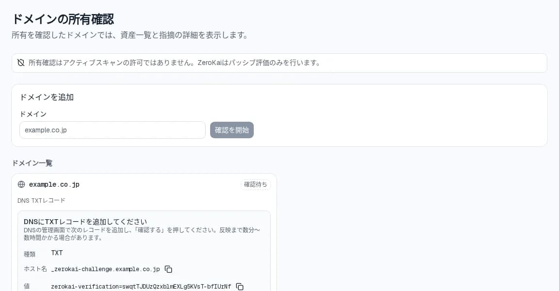 ドメインの所有確認画面。example.co.jpが確認待ちで、追加するTXTレコードの種類・ホスト名・値と「確認する」ボタンが表示されている