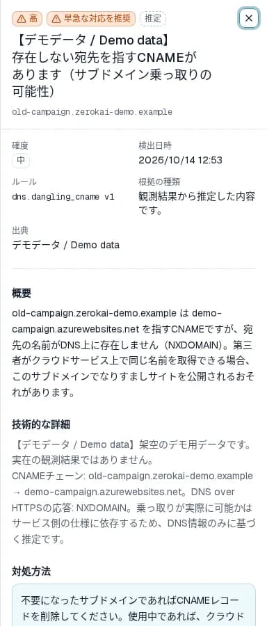 指摘事項の詳細パネル。重要度「高」と「早急な対応を推奨」の印、確度、ルール、根拠の種類、概要と技術的な詳細が表示されている