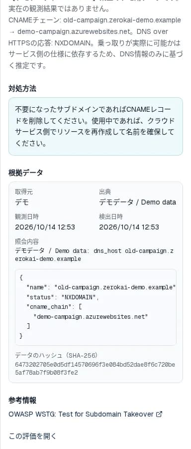 指摘の詳細パネルの下部。対処方法、取得元・出典・観測日時・照会内容・データのハッシュを含む根拠データ、参考情報のリンクが表示されている